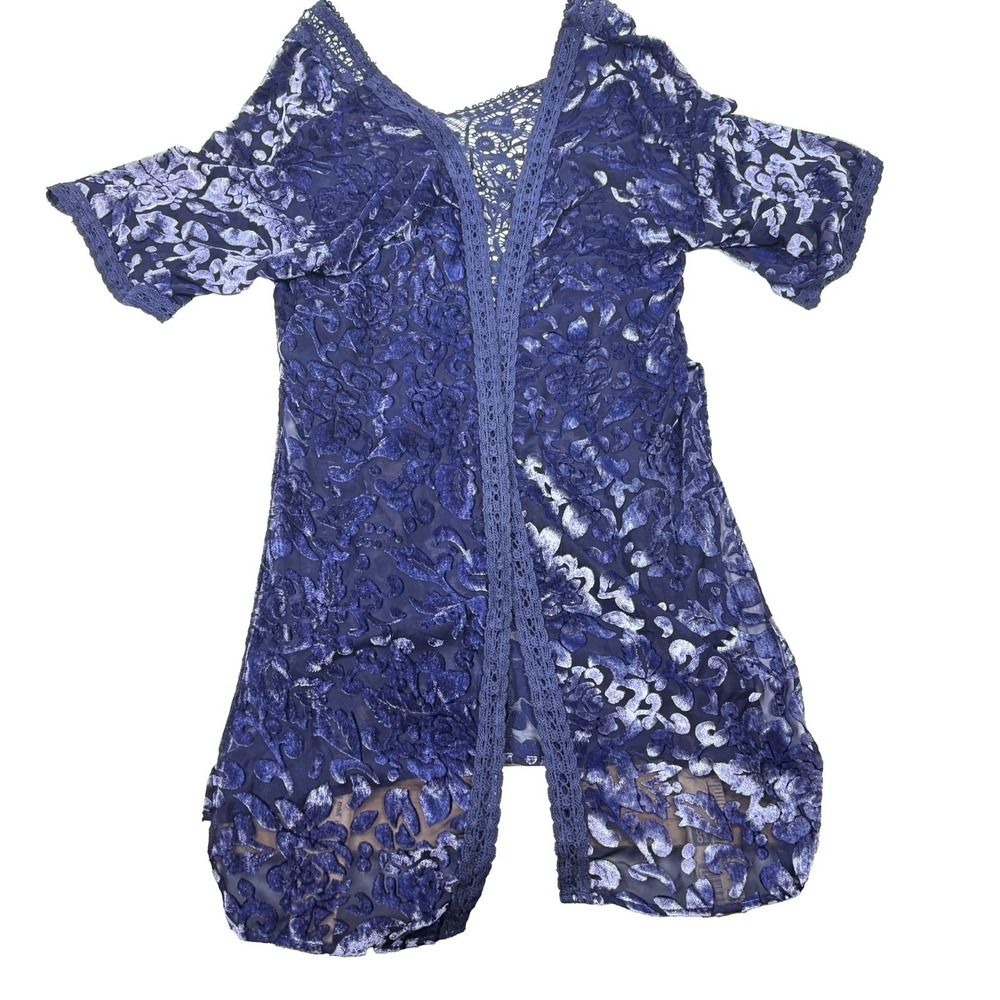 Roffe Floral Velvet Burnout Kimono Duster Womens Sz OSFM Navy Blue Lace Insert